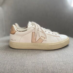 Veja White Sneakers with Gold Suede V Logo